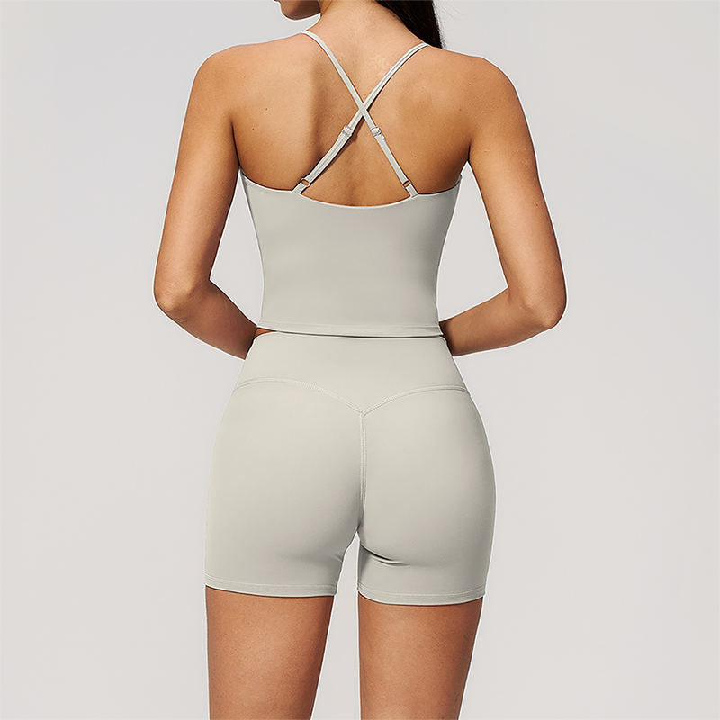 Wholesale Women's Cross-Back High Waist Yoga Set Sports Bra & Shorts with Chest Pad