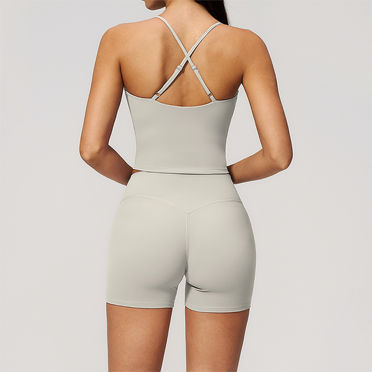 Wholesale Women's Cross-Back High Waist Yoga Set Sports Bra & Shorts with Chest Pad
