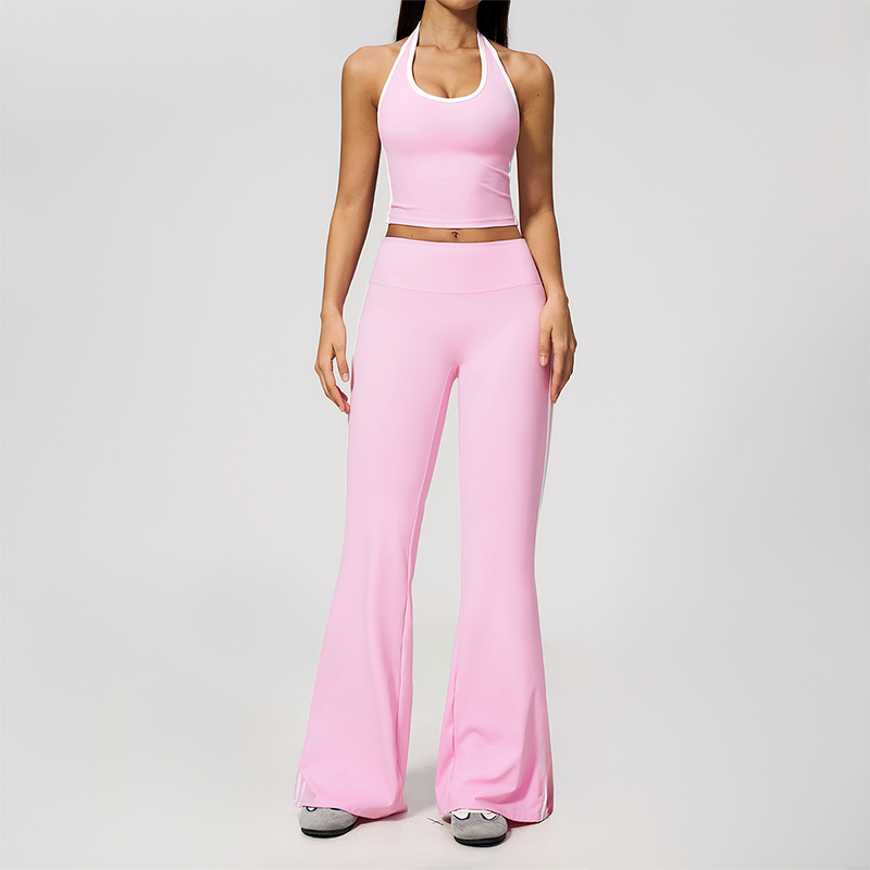 Wholesale Women's Bare-Feel Color-Block Tank Top & High waisted flared pants Set