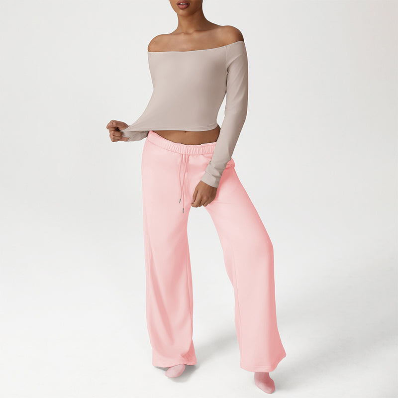 Off-Shoulder Long Sleeve + Loose Sports Pants 2-Piece Set