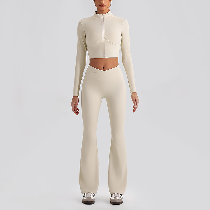 Wholesale Women's Zip-Up Long Sleeve Crop Top & High Waist Leggings Set