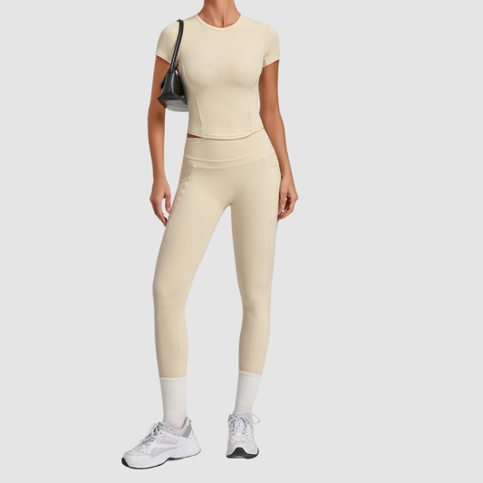 Wholesale Women's Naked-Feel Short Sleeve Top + High-Waist Leggings Set – Peach Lift Yoga Fitness Activewear