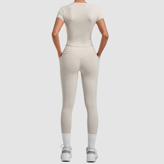 Wholesale Women's Naked-Feel Short Sleeve Top + High-Waist Leggings Set – Peach Lift Yoga Fitness Activewear