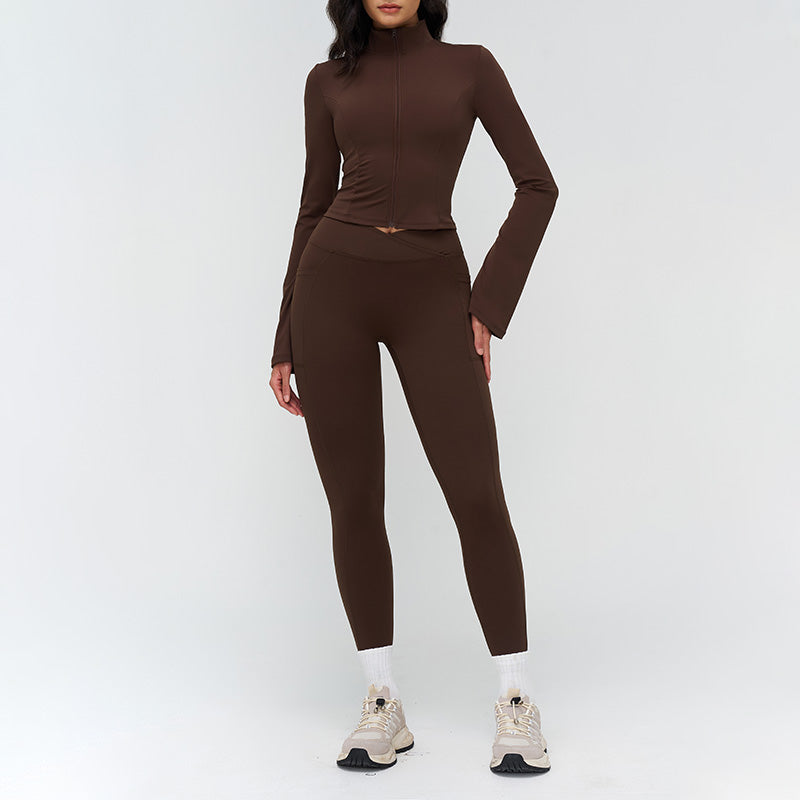Stand-up collar yoga jacket + side pocket design leggings 2-piece set
