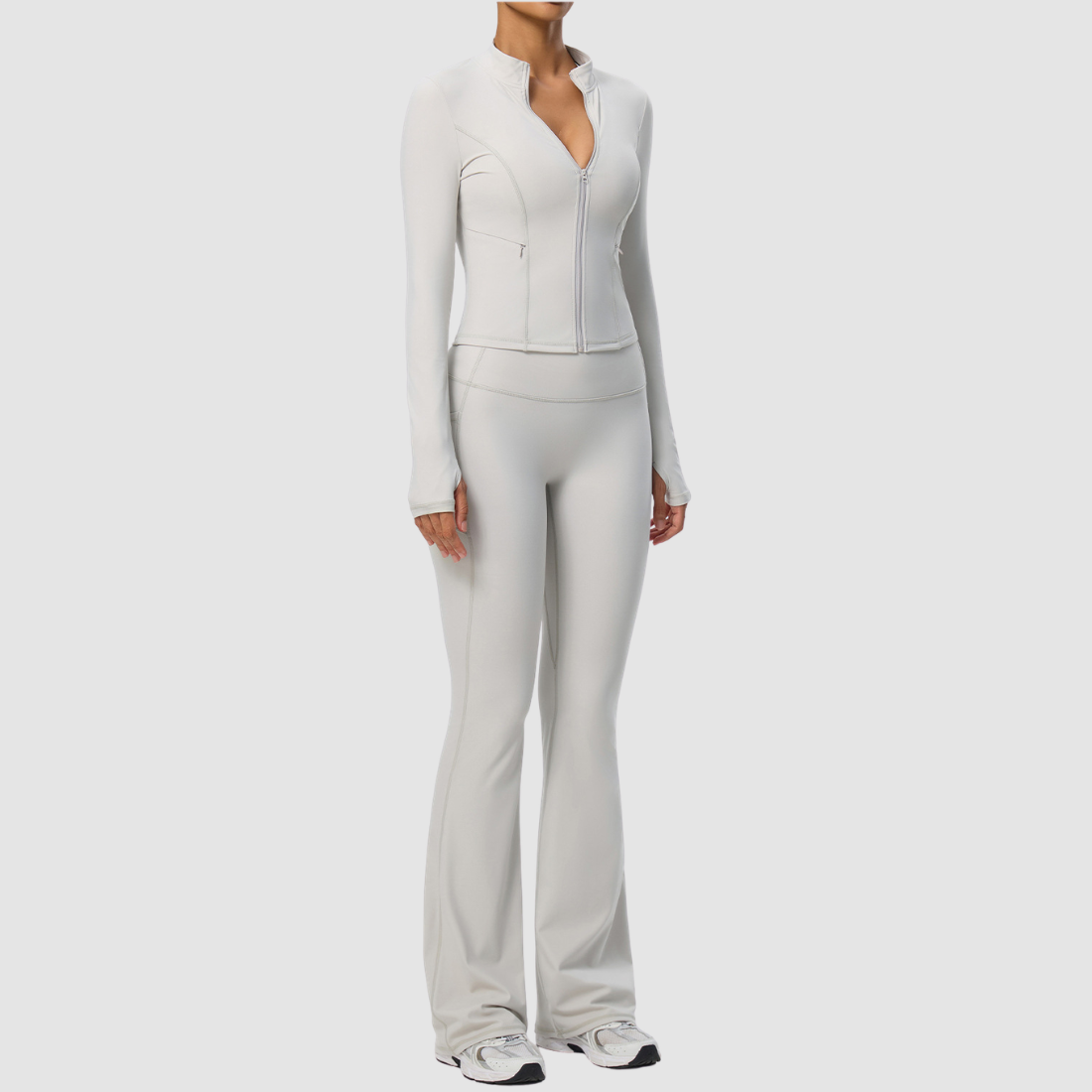 Wholesale Women's Activewear Zip Pocket Jacket & Flare Pants Yoga Set