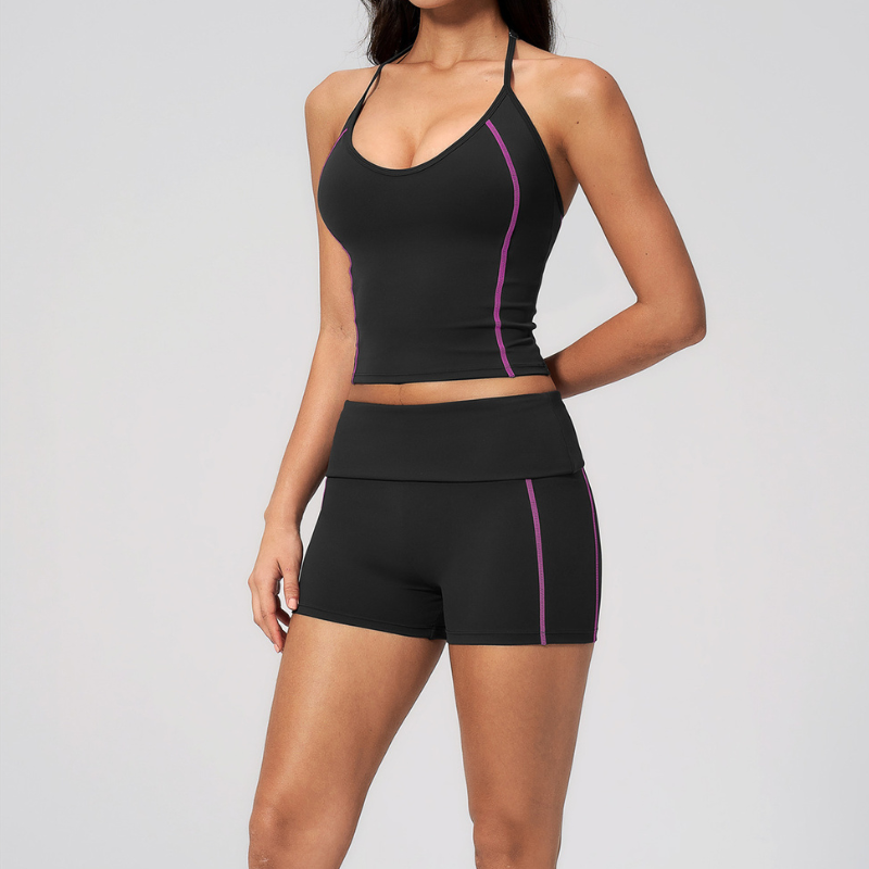 Wholesale Women's Halter V-Neck Color-Block Yoga Set – Slim-Fit Sports Bra & Shorts