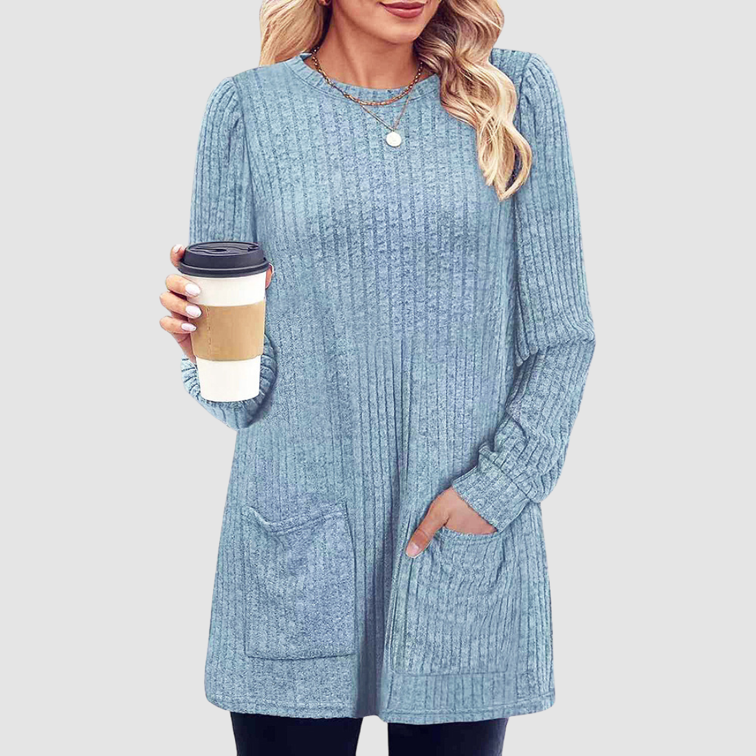 Wholesale Women’s Ribbed Pocket Tunic Sweater – Mid-Long Knit Pullover
