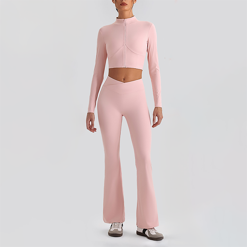Wholesale Women's Zip-Up Long Sleeve Crop Top & High Waist Leggings Set