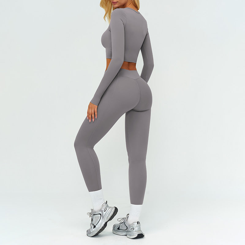 Slim-fitting long-sleeved top + tight-fitting athletic leggings 2-piece set
