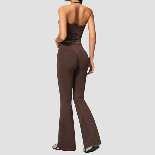 Wholesale Women's Seamless Yoga Set: Strappy Tank Top & Flare Pants – High-Stretch w/ Chest Pad