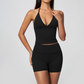 Wholesale Women's Halter Neck Yoga Set – Deep V-Neck Bra & High-Waist Shorts