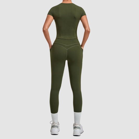 Wholesale Women's Naked-Feel Short Sleeve Top + High-Waist Leggings Set – Peach Lift Yoga Fitness Activewear
