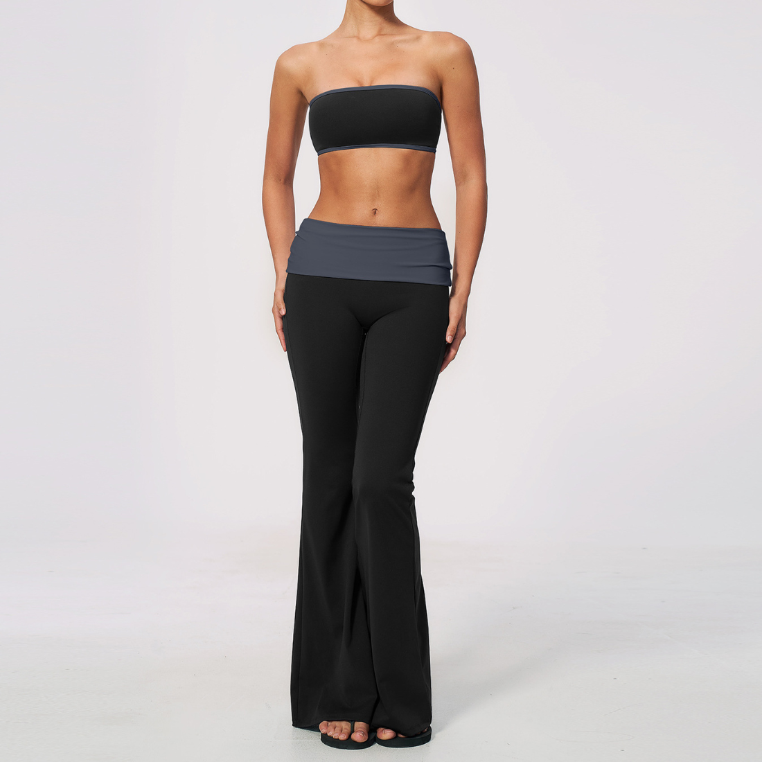Wholesale Bandeau Contrast Color Flared Yoga Set – Tummy Control Fitness Outfit
