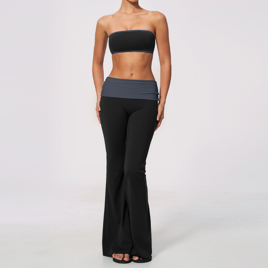 Wholesale Bandeau Contrast Color Flared Yoga Set – Tummy Control Fitness Outfit