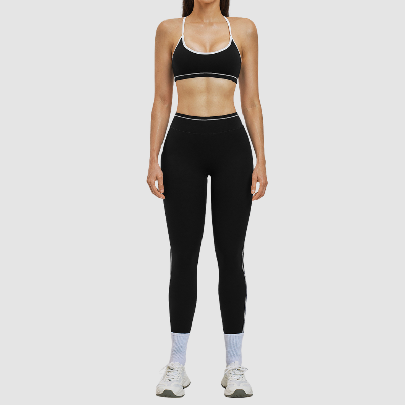 Women's Contrasting Color Backless Bra+Highlighted Legging 2-piece Set