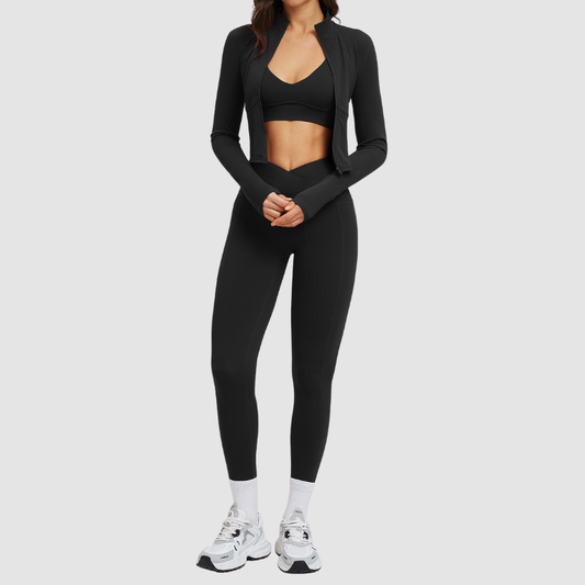 Wholesale stand-collar jacket+leggings+ sports bra 3-piece | Wonderxfans bulk activewear