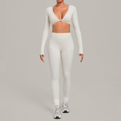 Wholesale Women's Activewear Cropped Long-Sleeve Top & High-Waist Leggings Yoga Set