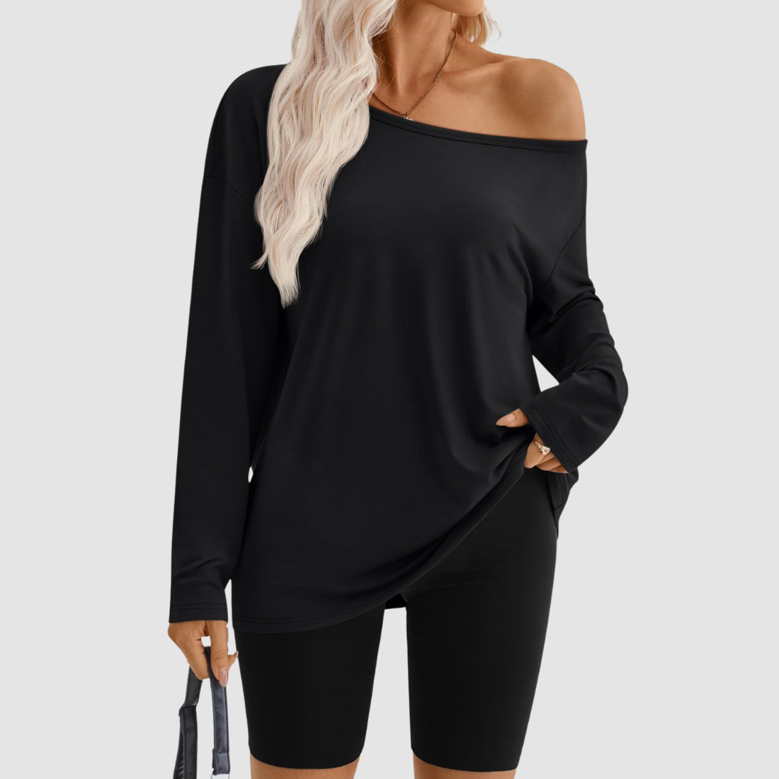 Wholesale Women's Contrast Off-Shoulder Long Sleeve Top