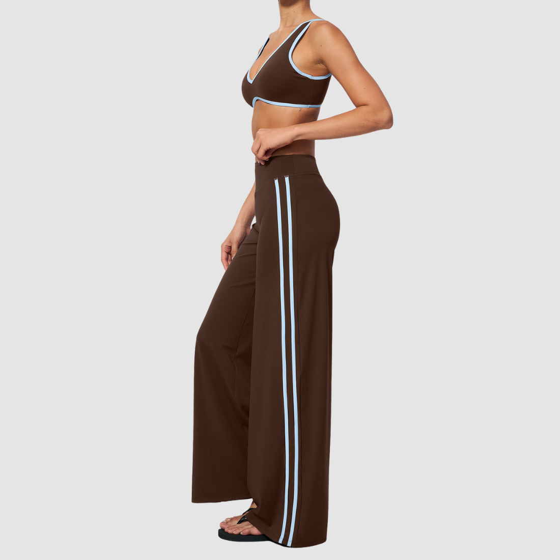 Nude-feel deep V bra + high waist + high-waisted color-blocked pants 2-piece set