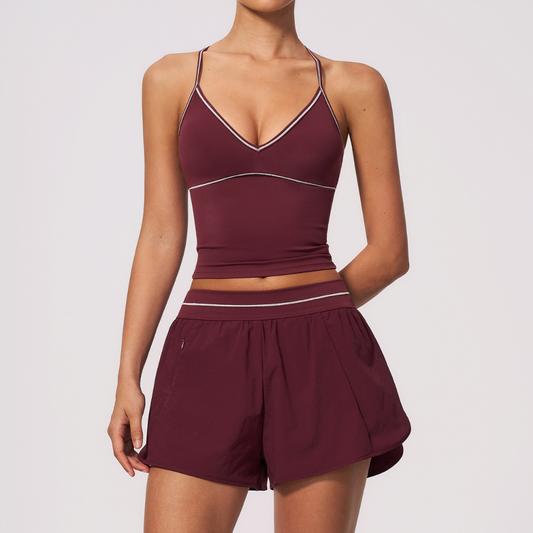 Wholesale Women's Brushed Yoga Set: Halter V-Neck Bra & Shorts – Colorblock Quick-Dry