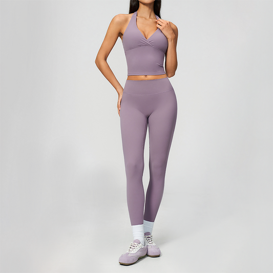 Wholesale Women's Cream-Feel Fleece Deep-V Halter Neck Tank Top & Leggings Set
