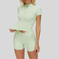 Slim-fit stand-up collar short-sleeved top+Pleated waistband sport shorts 2-piece set