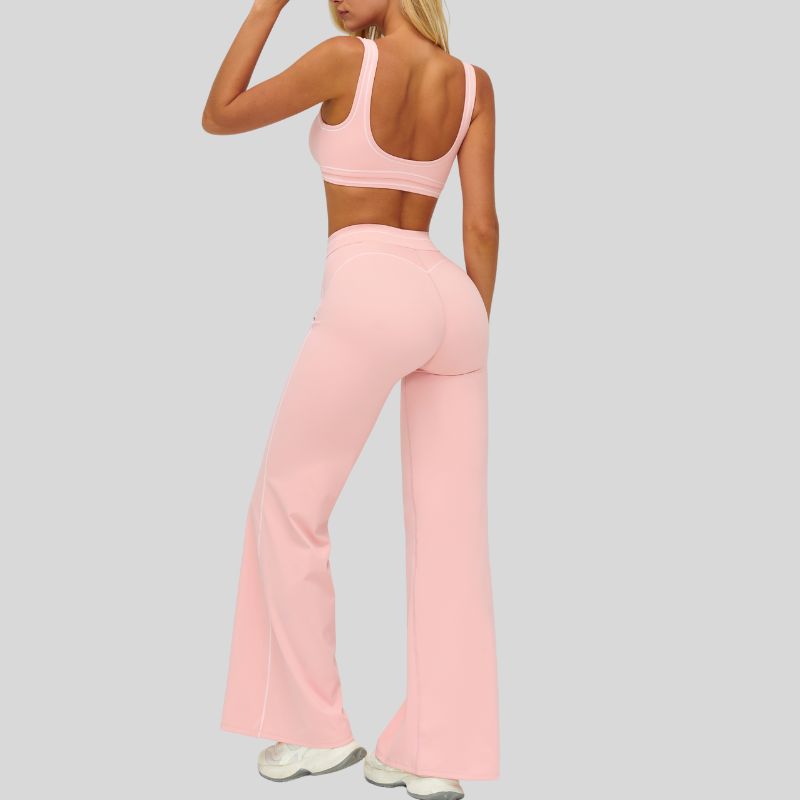 Contrasting bra with removable bra pads+High-waisted wide-leg pants 2-piece set