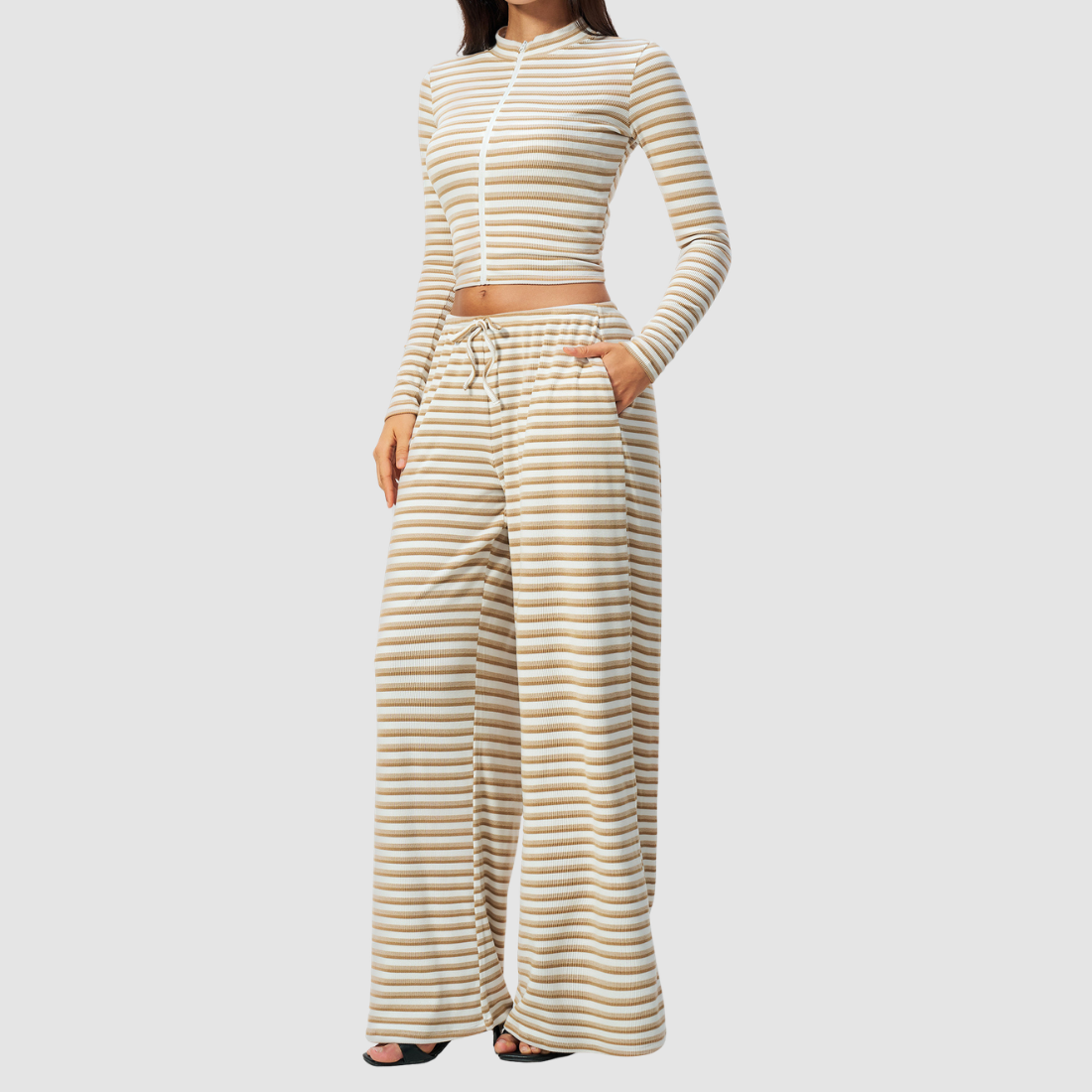 Wholesale Women's Stripe Yoga Set: Zip Stand-Collar Jacket & Wide-Leg Pants