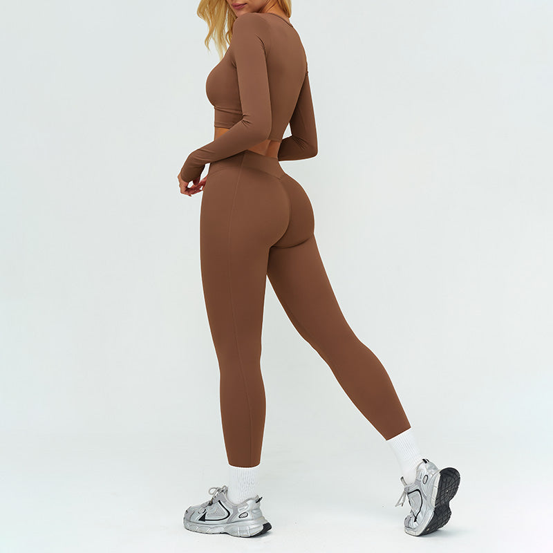 Slim-fitting long-sleeved top + tight-fitting athletic leggings 2-piece set