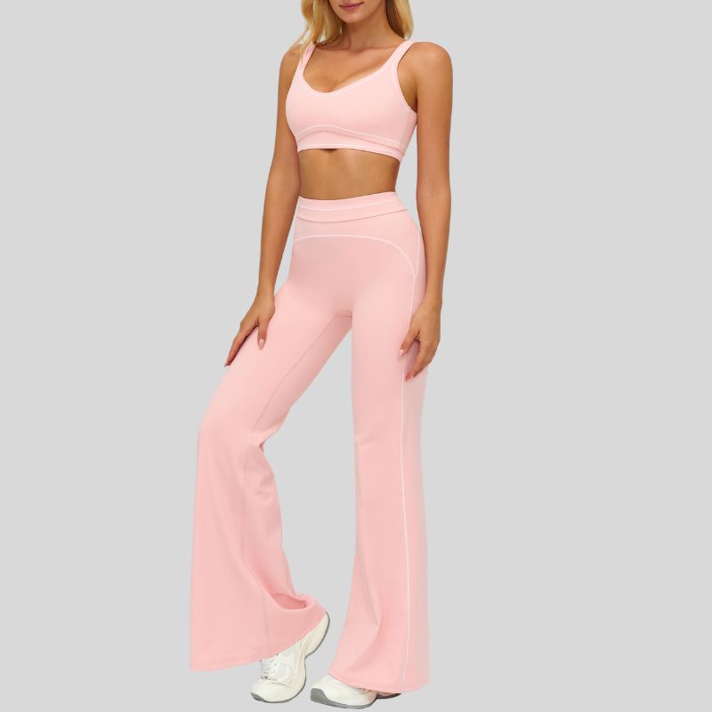 Contrasting bra with removable bra pads+High-waisted wide-leg pants 2-piece set