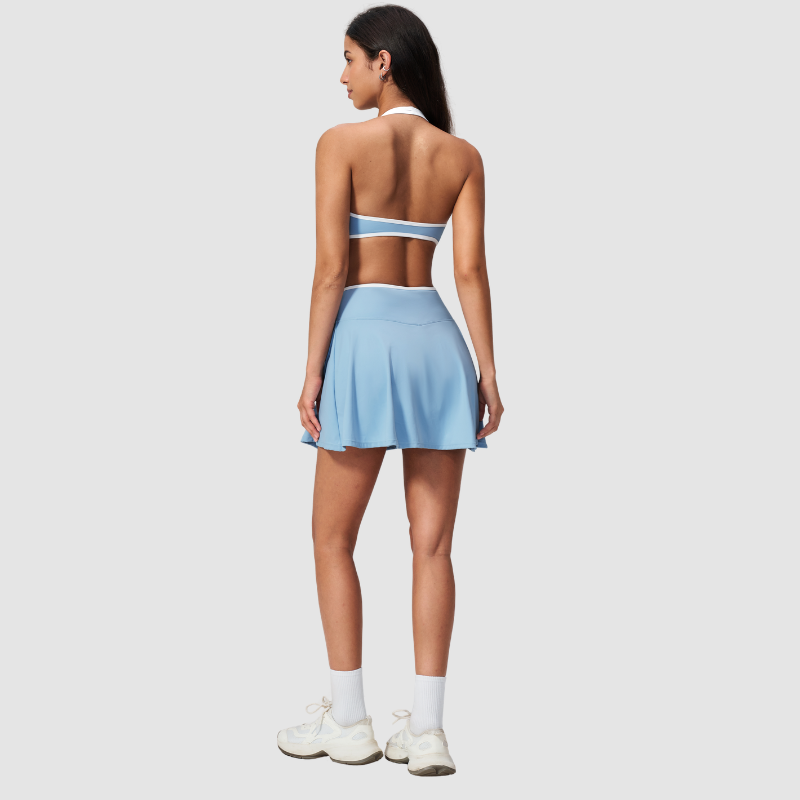 Wholesale I-Shape backless Naked-Feel Sports Bra & Pleated Tennis Skirt Set