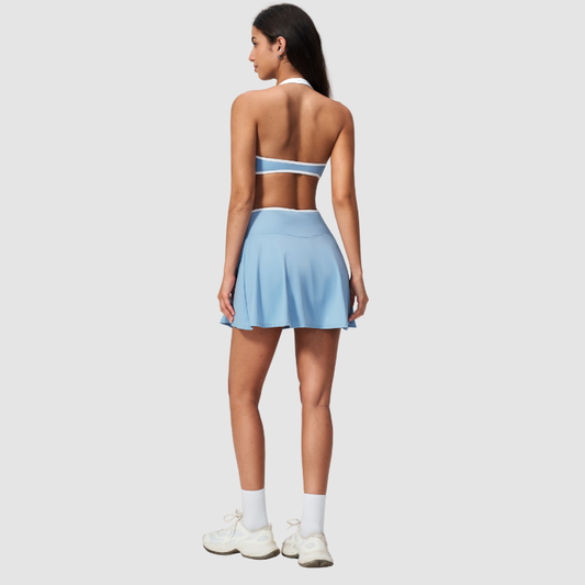 Wholesale I-Shape backless Naked-Feel Sports Bra & Pleated Tennis Skirt Set