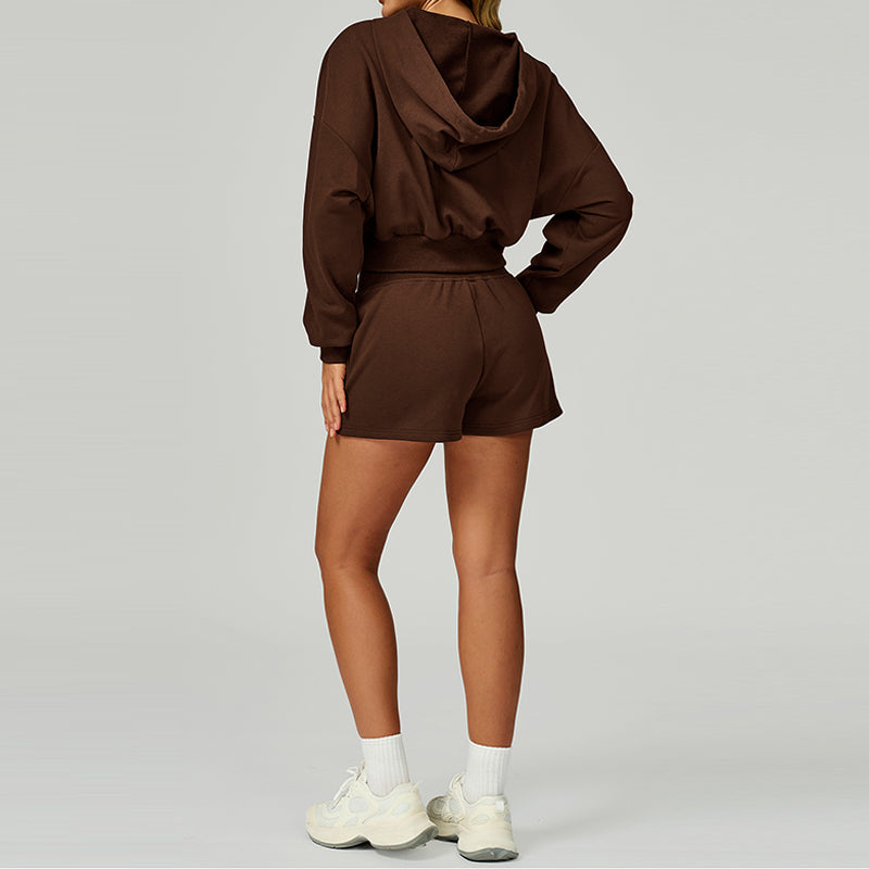 Loose hooded and full zipper Sweatshirt + drawstring shorts 2 pieces set