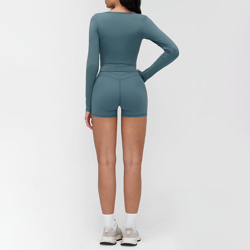 V-neck slim-fit long-sleeved top + High waist shorts 2-piece set