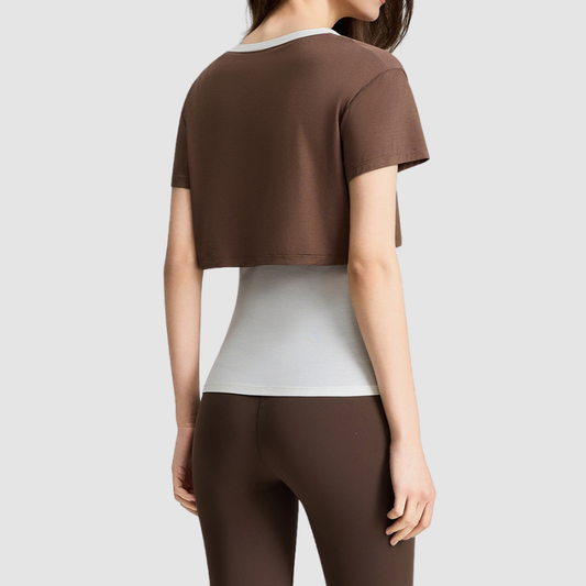 Wholesale Women's Color-Block Faux Two-Piece Yoga Short-Sleeve Top