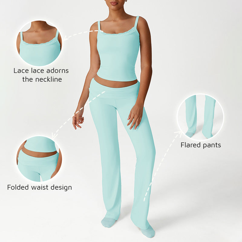 Lace Low-Cut Crop Top + Elastic Ruched Waistband Flared Pants 2-Piece Set