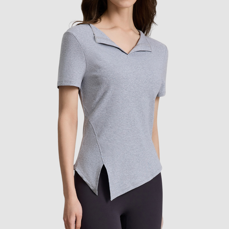Wholesale Women's Lapel Collar Yoga Short-Sleeve Top with Side Slit Hem