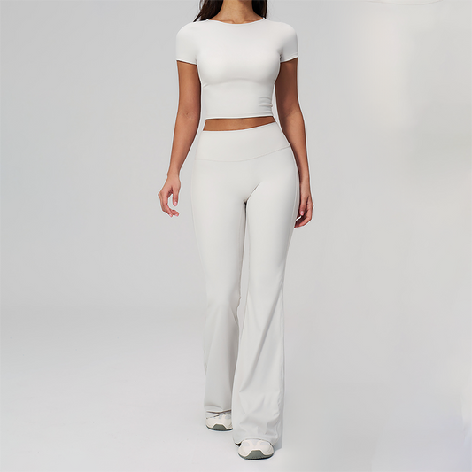 Wholesale Seam-Detail Cropped T-Shirt & Flare Leggings Set – Brushed Yoga 2-Piece