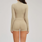 Wholesale stand-collar zippered jacket + high-waisted tight shorts