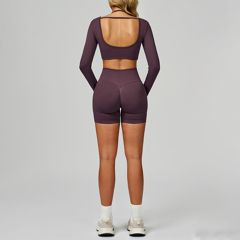 Seamless halter long sleeve top + High-waisted shorts 2-Piece Set