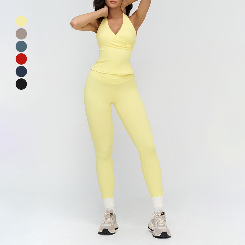 Halter neck backless tank top + high-waisted leggings 2-piece set