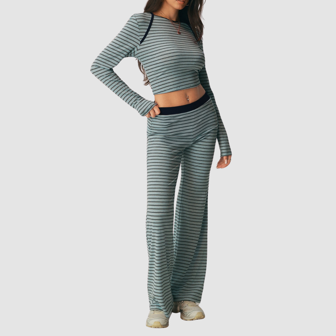 Wholesale Women's Striped Long-Sleeve Top+Wide-Leg Yoga Pants 2-Piece Set