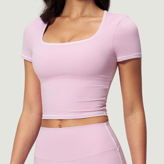 Wholesale Women's Seam-Detail Colorblock Short Sleeve Crop Top – Butt-Lifting Yoga Gym Activewear FDX2036