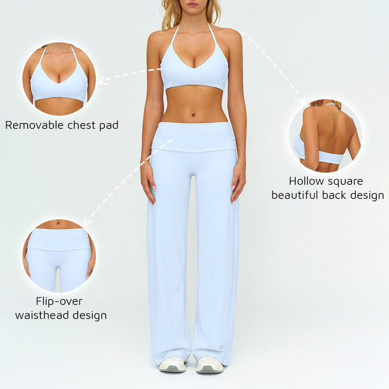 V-neck backless sports bra + high-waisted loose wide-leg pants 2-piece set