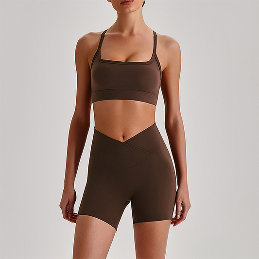 Wholesale Brushed Naked-Feel Open-Back Sports Bra & High-Waist Shorts Set – Sculpting Yoga 2-Piece