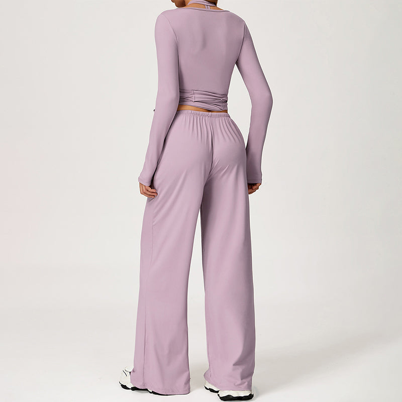 V-neck crop top+Open-back sleeveless crop+HIGH WAIST LEGGINGS 3-PIECE SET