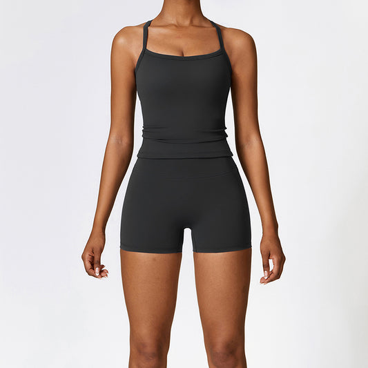 Tapa del tanque de yoga de cruz cepillado + pantalones cortos de cintura alta de 2 piezas