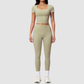 Wholesale Women's Seam-Detail Short Sleeve Crop Top + High-Waist Leggings Set – Butt-Lifting Yoga Gym Activewear