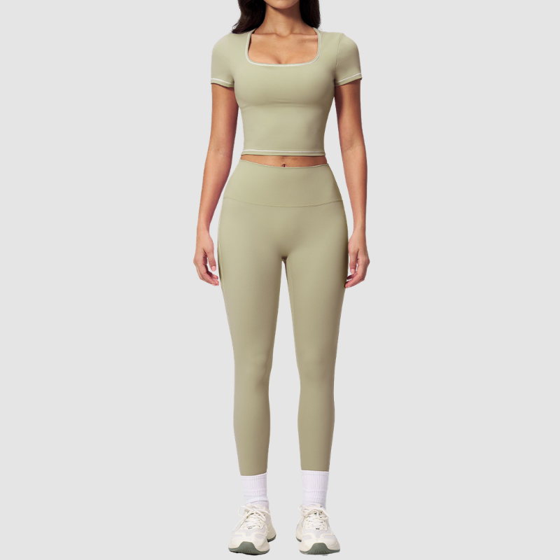 Wholesale Women's Seam-Detail Short Sleeve Crop Top + High-Waist Leggings Set – Butt-Lifting Yoga Gym Activewear