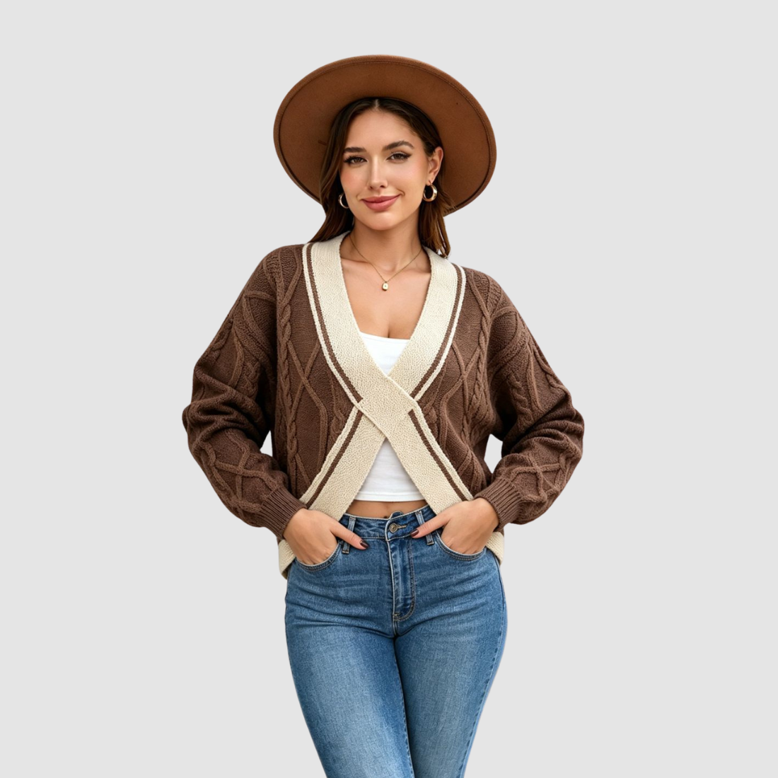 Wholesale Women’s Contrast V-Neck Cropped Knit Sweater